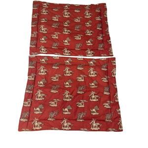 Safari Toile Pillow Shams Red Animal Print Elephants Giraffes Lions Set of 2